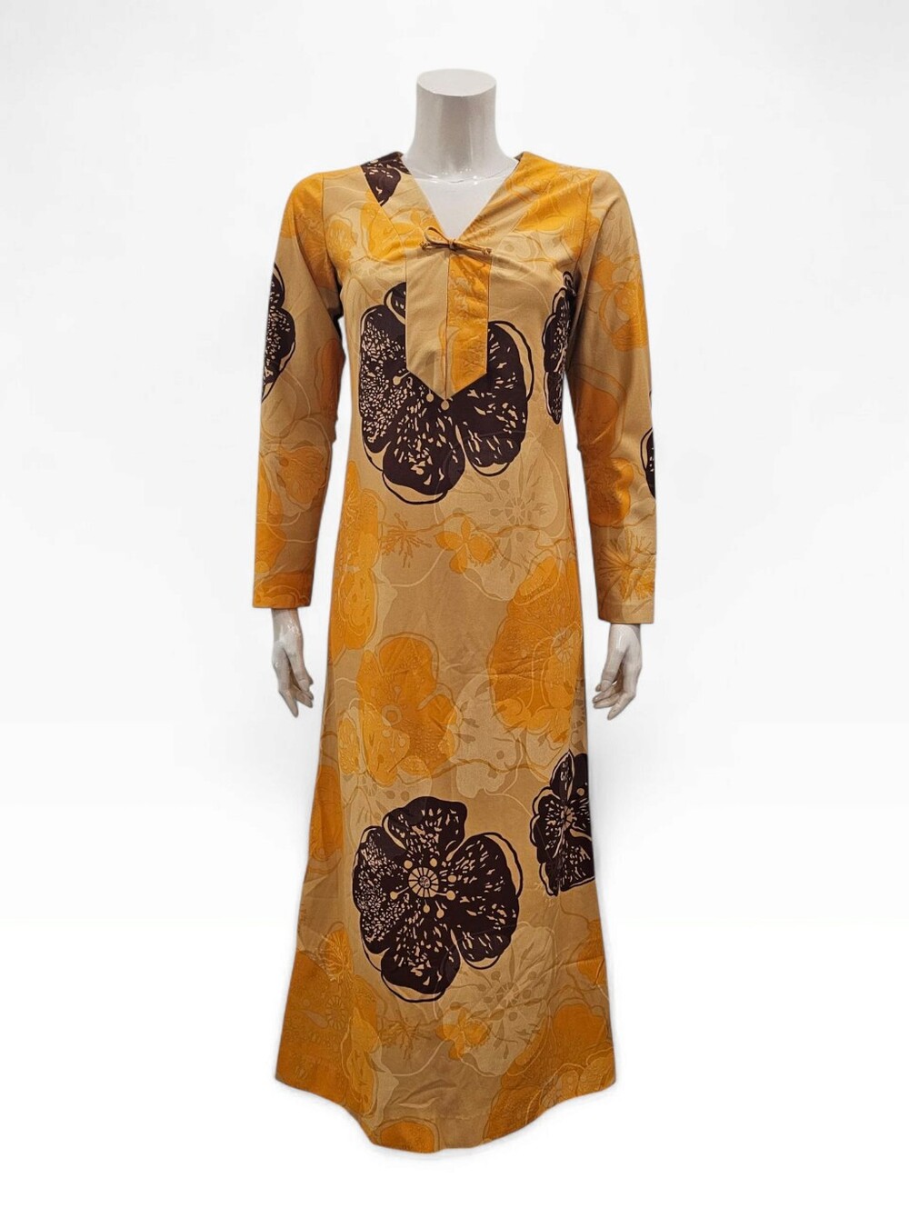Vtg 70s MALIHINI Tan Orange Brown Hawaiian Floral Long Midi Maxi Dress XS/S